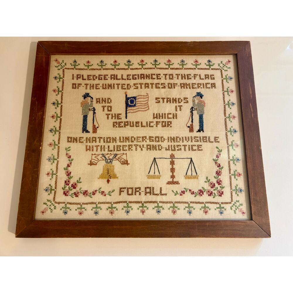 Vintage Pledge of Allegiance Cross Stitch with Continental Army Soldiers